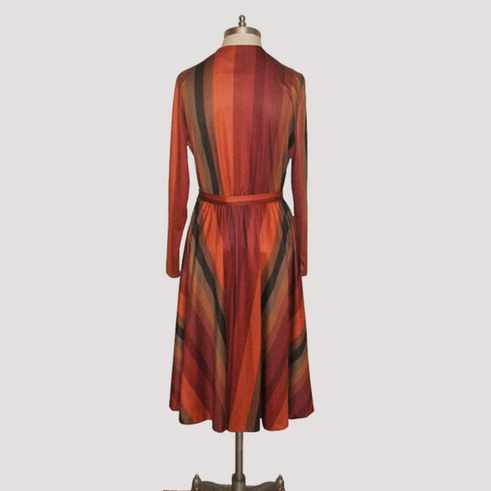 Vtg 70s Earth Tone Striped Surplice Belted Dress M - Picture 4 of 5